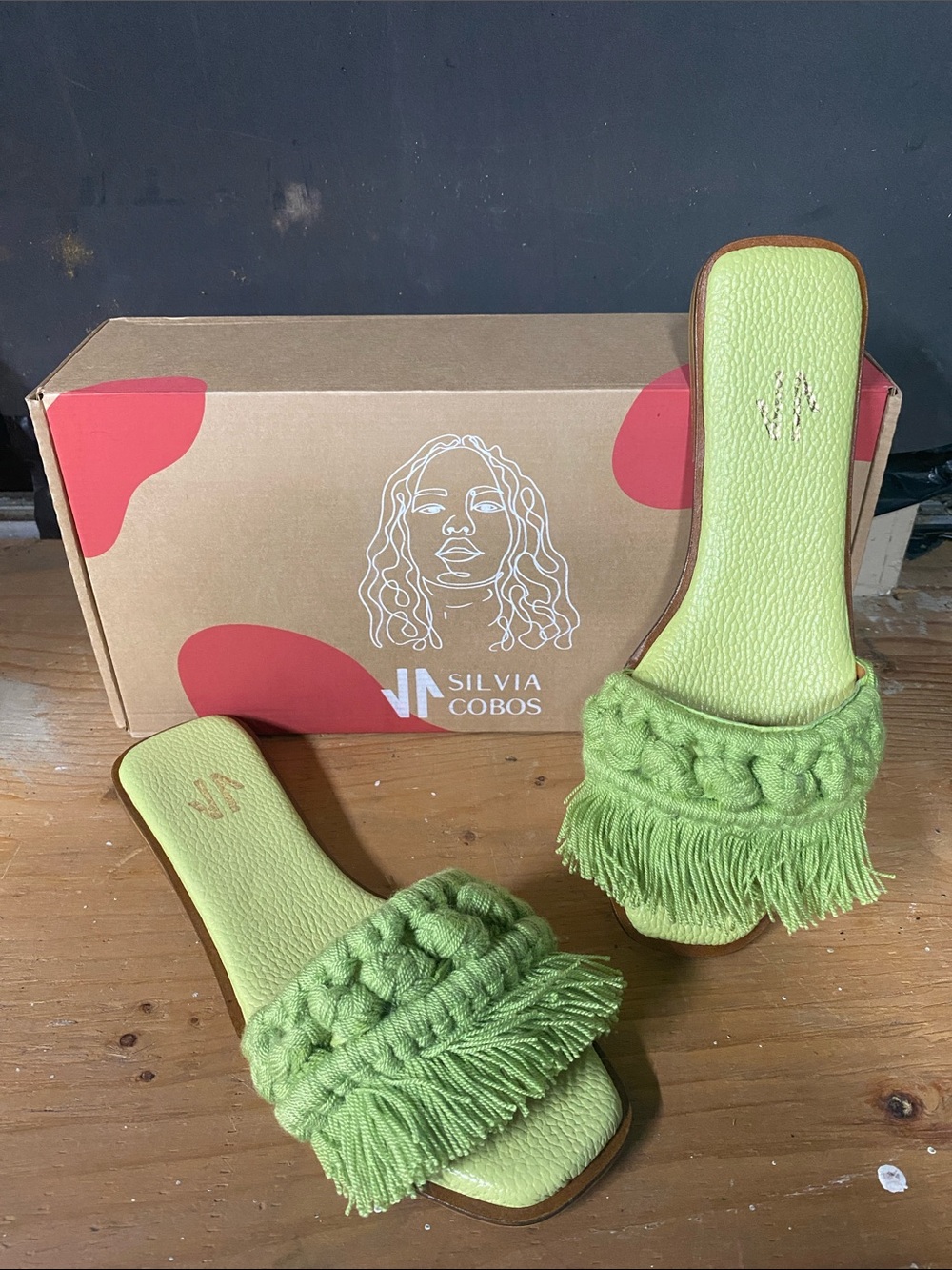 Silvia Cobos Lime Green Braided Fringe Slide Mules